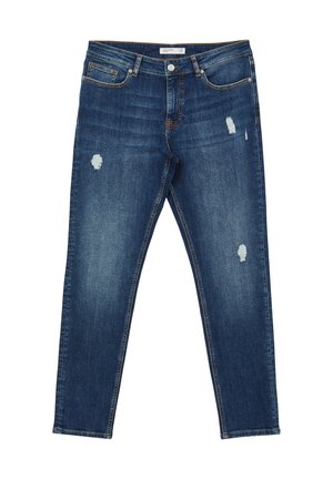 Jeans in denim blu scuro a vestibilità slim, con leggera usura, cinque tasche e chiusura a bottoni. Il tessuto ha una texture liscia.