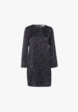 Hosszú ujjú ruha sötétkék anyagból leopárdmintával, kerek nyakkivágással és hátul cipzárral.