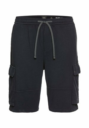 Navy cargo shorts made of soft fabric, featuring an elastic waistband with a drawstring, side pockets, and a relaxed fit for comfort.