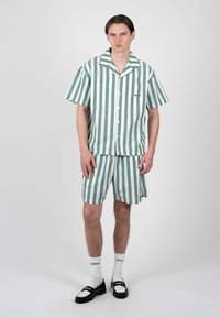 Jeune homme debout portant une chemise à manches courtes rayée verticale verte et blanche et un short assorti avec des chaussettes blanches et des mocassins noirs.