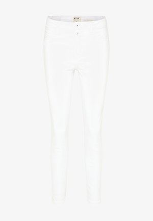 Jeans skinny de algodón blanco con una textura suave, cintura alta, cinco bolsillos, cierre de botón de acero y un discreto detalle de costura.