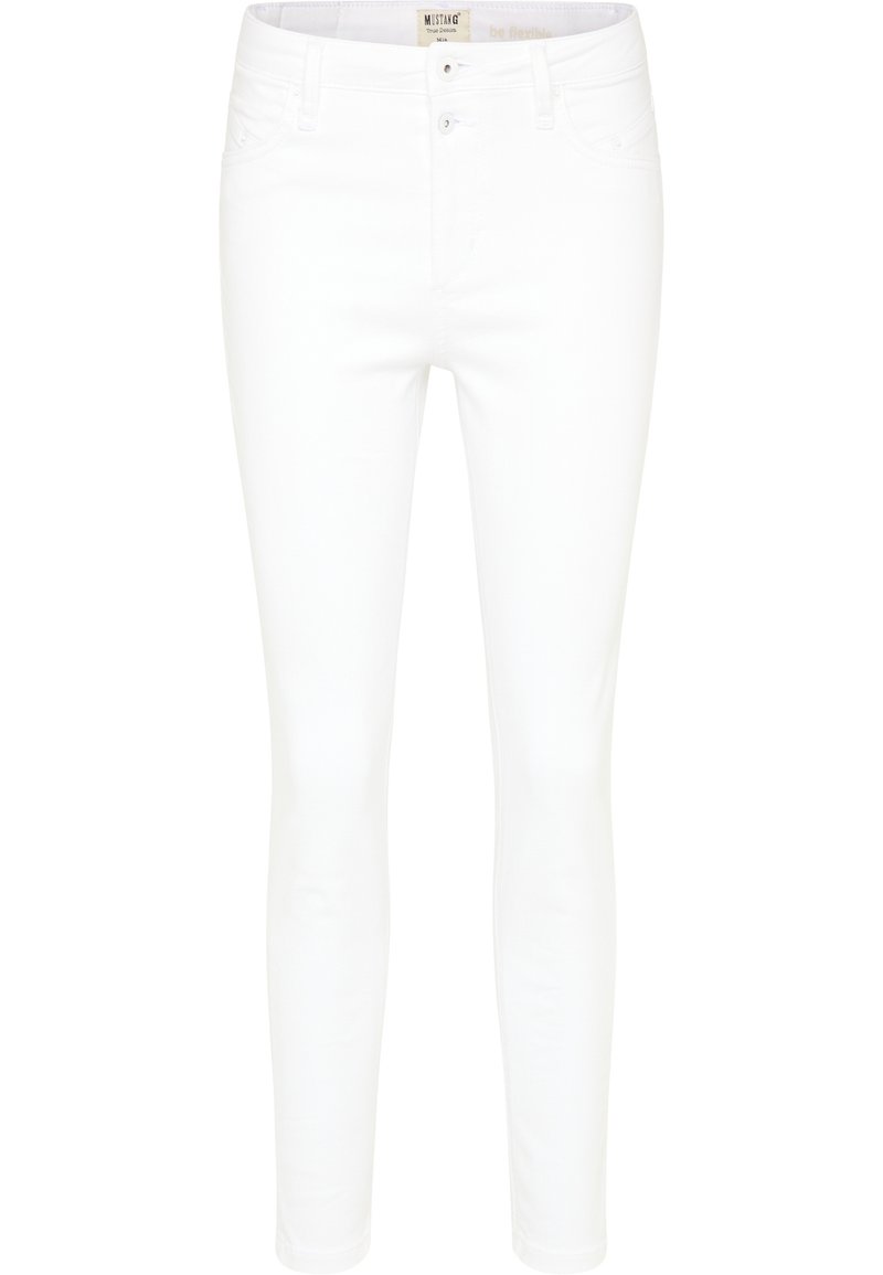 Vita bomullsblandade skinny jeans med en slät textur, hög midja, fem fickor, stångknappsstängning och subtila sömdetaljer.