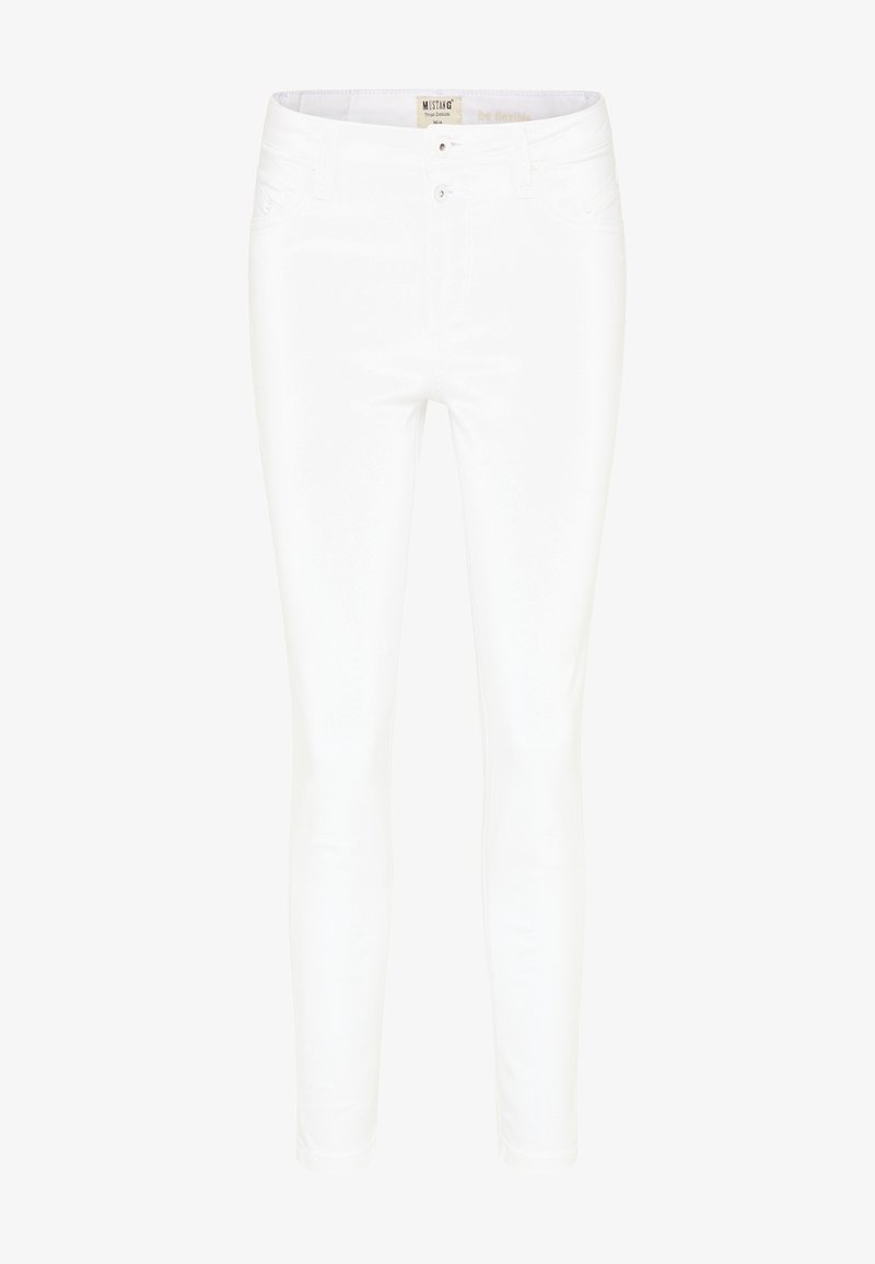 Vita bomullsblandade skinny jeans med en slät textur, hög midja, fem fickor, stångknappsstängning och subtila sömdetaljer.