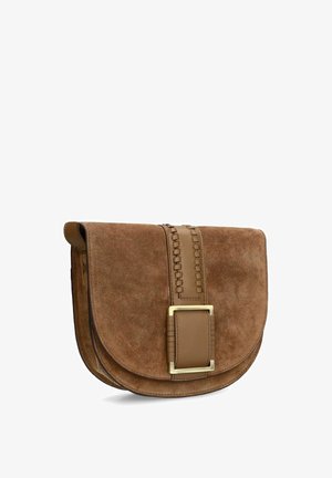 Brown suede shoulder bag with a curved flap, featuring a woven accent strap and a rectangular gold-tone hardware buckle.