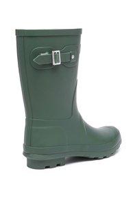 Green rubber rain boot with a matte finish, adjustable buckle accent, and textured outsole. Features a slightly curved silhouette.