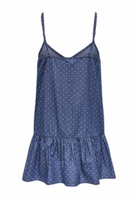 Dżinsowa sukienka na ramiączkach z regulowanymi cienkimi paskami, głębokim dekoltem w literę V, marszczoną falbaną na dole oraz małymi białymi kropkami na ciemnoniebieskim tle.