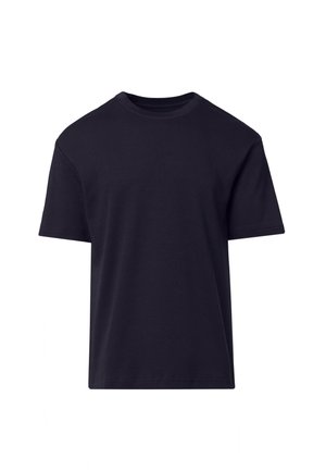 Czarny t-shirt z krótkim rękawem i okrągłym dekoltem o regularnym kroju, pokazany na białym tle.