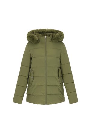 Olíva zöld puffermellény műszőrme kapucnival, függőleges steppelt mintázattal, cipzáras elülső résszel, és két oldalsó zsebbel, patentos zárókkal.