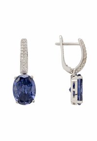 Silver drop earrings with an oval blue gemstone and small clear stones on the lever. Features a smooth, shiny finish and geometric accents.