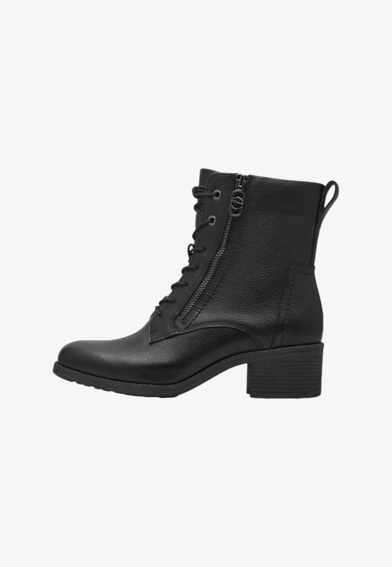 Bottine en cuir noir avec fermeture éclair latérale, lacets à l'avant, languette de traction et talon bloc.