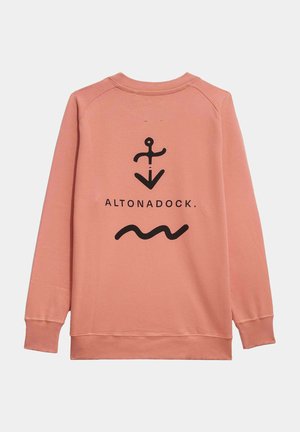 Sudadera rosa de manga larga, con un gráfico de ancla negra y olas, y el texto "ALTONADOCK" en la parte de atrás. Textura suave.
