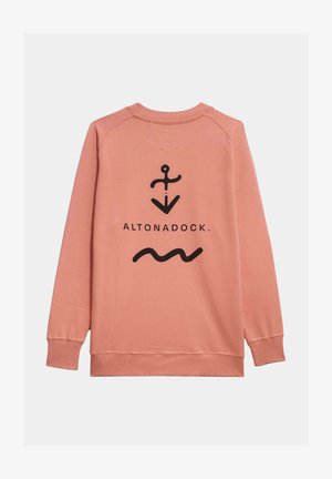 Sudadera rosa de manga larga, con un gráfico de ancla negra y olas, y el texto "ALTONADOCK" en la parte de atrás. Textura suave.