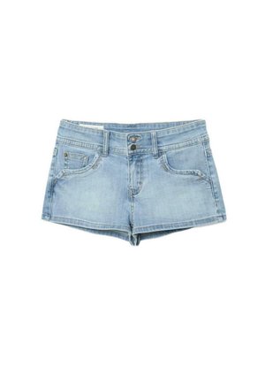 Light blue denim shorts with double button closure, front pockets, and belt loops, laid flat on a white background.