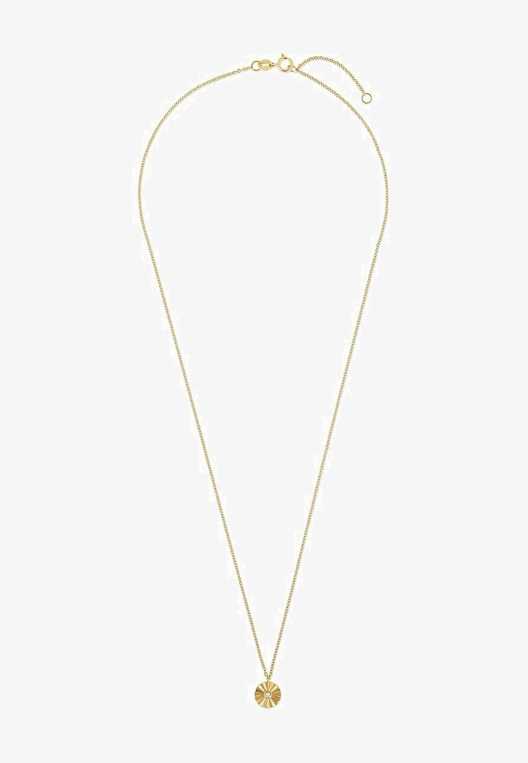 Guldbelagt halskæde med en delikat kæde og en rund vedhæng med et solstråle-design, præget af en lille klar sten i midten.