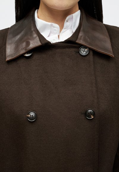 Γυναί�κα που φοράει ένα σκούρο καφέ παλτό με δερμάτινο γιακά πάνω από ένα λευκό πουκάμισο με κουμπιά, που δείχνουν κουμπιά με την ετικέτα "Sandro."