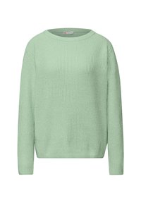 Mátově zelený svetr s žebrovanou texturou, kulatým výstřihem a dlouhými rukávy. Jednoduchý design s volným střihem.