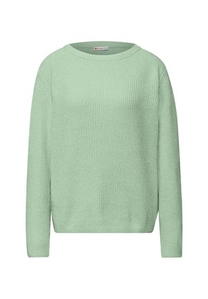 Mátově zelený svetr s žebrovanou texturou, kulatým výstřihem a dlouhými rukávy. Jednoduchý design s volným střihem.