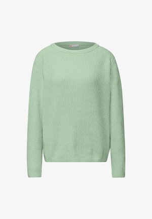 Miętowy sweter o prążkowanej fakturze, z okrągłym dekoltem i długimi rękawami. Prosty design z luźnym krojem.