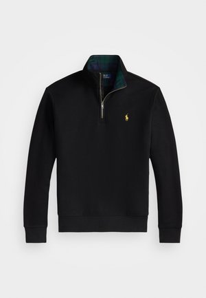 Black quarter-zip sweatshirt with long sleeves, green plaid interior collar, and small yellow polo player logo on left chest.