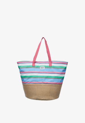 Gestreepte strandtas met roze handvatten, blauwe, groene en roze horizontale strepen, en een gevlochten beige onderpaneel.