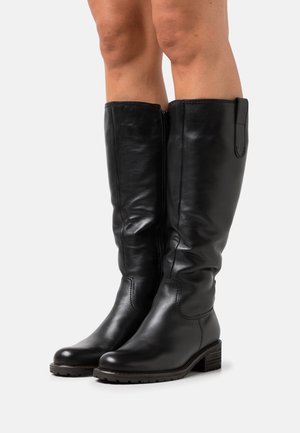 Black leather knee-high boots with a smooth texture, straight fit, low block heel, and side zipper. Includes a small pull tab for easy wear.