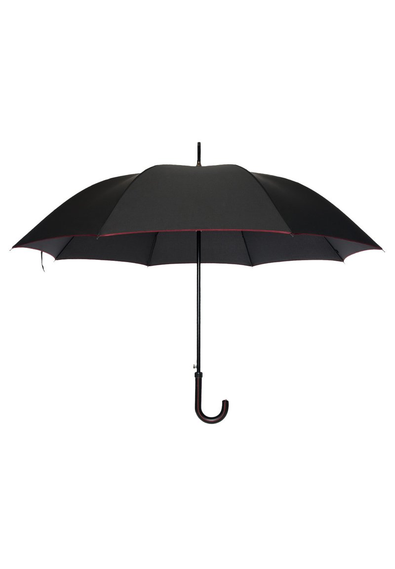 Czarna parasolka z zakrzywioną czarną rączką, z gładkim materiałowym daszkiem, zdobiona czerwonym wykończeniem wzdłuż krawędzi.