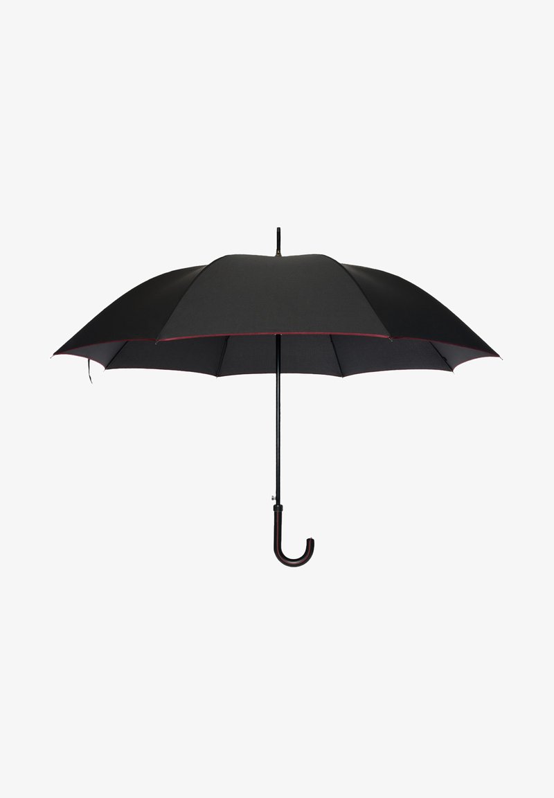Czarna parasolka z zakrzywioną czarną rączką, z gładkim materiałowym daszkiem, zdobiona czerwonym wykończeniem wzdłuż krawędzi.