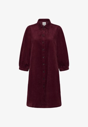 Burgundia värvi korgikangasest särgimekko, millel on pikad puhvärvilehed, nööbiga ees ja klassikaline krae.