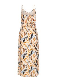 Midi-mekko ohuilla olkaimilla, jossa on monivärinen abstrakti kuvio oranssin, ruskean ja sinisen sävyissä, istuvalla vyötäröllä.