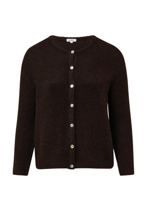 Cardigan lavorato a maglia di colore marrone scuro con maniche lunghe e una fila di bottoni chiari lungo la parte anteriore, colletto rotondo.