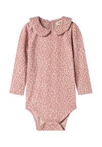 Långärmad rosa bodysuit med leopardmönster och volangkrage, designad för spädbarn med knäppningar i botten.