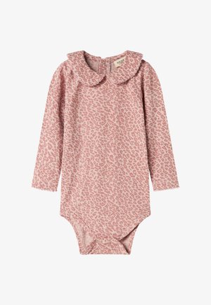 Dlhé rukávy ružového body s dizajnom leopardieho vzoru a volánikovým golierom, navrhnuté pre dojčatá s patentkami na spodnej strane.