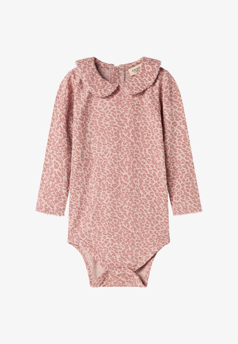 Hosszú ujjú rózsaszín bodysuit leopárd mintázattal és fodros gallérral, csecsemők számára készült, az alján patentgombokkal.