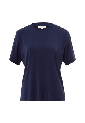T-shirt blu navy a maniche corte con scollatura rotonda, realizzato in un tessuto liscio, caratterizzato da una vestibilità comoda e dettagli di cucitura minimi.