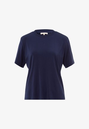 Marineblauwe t-shirt met korte mouwen en een ronde halslijn, gemaakt van een gladde stof, met een relaxte pasvorm en minimale stikseldetails.