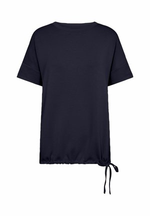 Marineblauwe T-shirt met korte mouwen en een ronde hals, met een gathered drawstring zoomdetail aan de zijkant, gemaakt van zachte, ademende stof.