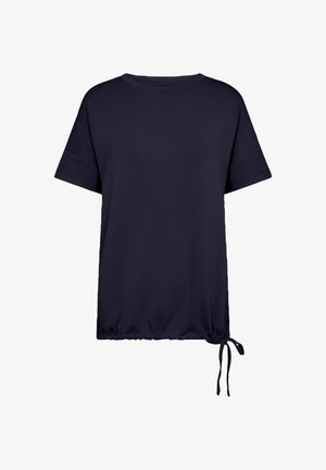 Tamno plava majica kratkih rukava s okruglim izrezom i detaljem sa skupljenim vezicom na rubu sa strane, napravljena od mekanog, prozračnog materijala.