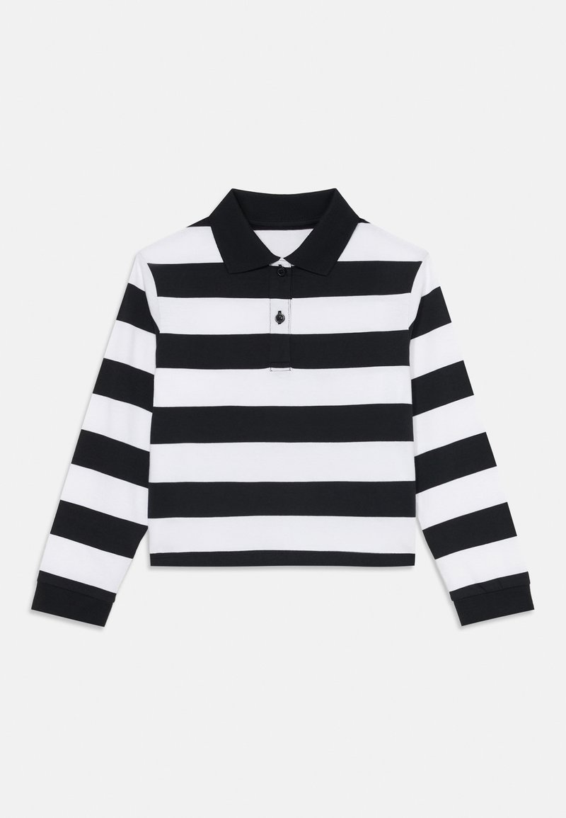 Svart-hvitt stripete langermet polo-skjorte med krage, tre-knappe placket og kontrastfarger på mansjettene.