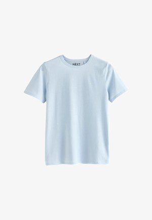Lichtblauw T-shirt met korte mouwen, gemaakt van zachte katoen, met een ronde halslijn en een eenvoudig ontwerp zonder patronen of accenten.