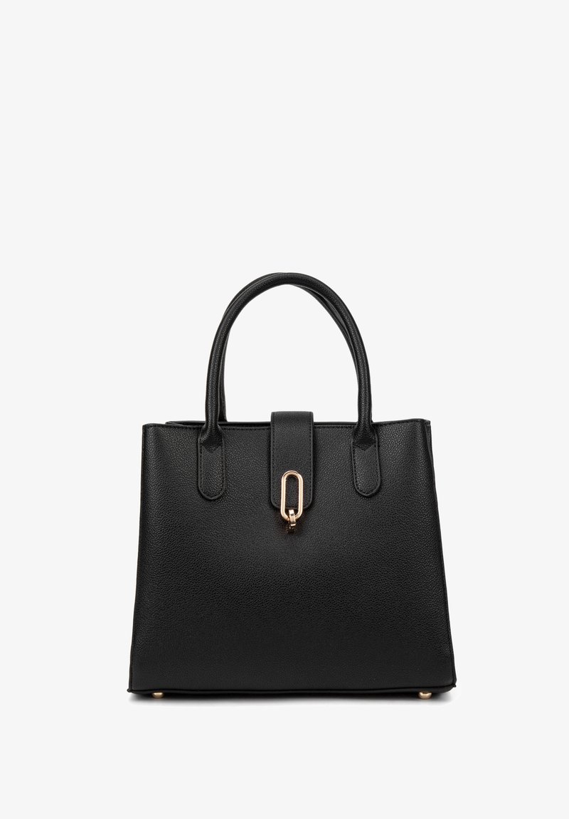 Zwarte handtas met textuur, twee handgrepen bovenaan, een centrale sluitflap en gouden hardware-accenten. Vlakke basis met beschermende voetjes.