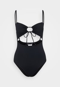Maillot de bain une pièce noir avec bretelles spaghetti ajustables, tissu froncé au niveau de la poitrine, découpe ronde sous la poitrine, et fermeture à nouer au dos.