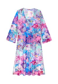 Kleurvolle strandjurk met een levendig aquatisch patroon van schelpen, bloemen en koralen in blauw, roze en paars. V-hals ontwerp, halflange mouwen.