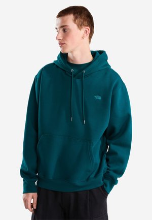 Jong persoon kijkt naar links, draagt een turquoise capuchontrui met aantrekkoorden en een voorzak, donkere broek en een kleine oorbel.