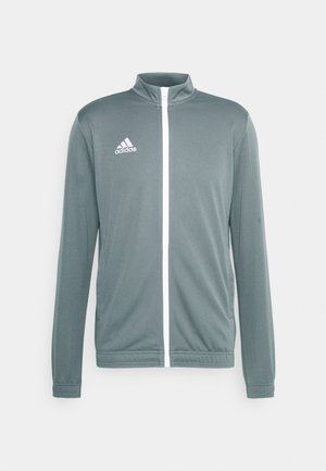 Gray athletic jacket with a high collar, white zipper, and white Adidas logo on the upper left. Long sleeves with elastic cuffs.