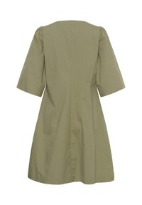 Robe mi-longue kaki avec manches bouffantes jusqu'au coude et encolure carrée, vue de dos.