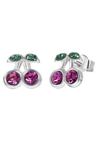 Zilverkleurige oorbellen in de vorm van kersen, met twee paarse edelstenen en twee groene edelstenen als bladeren. Glad, glanzende afwerking.