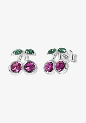 Pendientes de color plateado con forma de cerezas, que presentan dos piedras preciosas moradas y dos piedras preciosas verdes como hojas. Acabado suave y brillante.