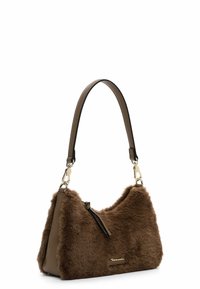 Ruskea tekokarhala handbag, jossa on sileä nahkainen pohja ja yhteensopiva olkahihna. Varustettu vetoketjulla ja kultasävyisillä varusteilla.
