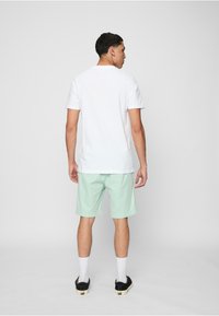 Un tânăr stând cu spatele, îmbrăcat cu un tricou alb simplu, pantaloni scurți verde deschis, șosete albe și pantofi negri fără șireturi.