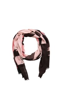 Blød, let tørklæde med et abstrakt mønster i pink og sort. Frynsede kanter og den flydende tekstur fremhæver designet.